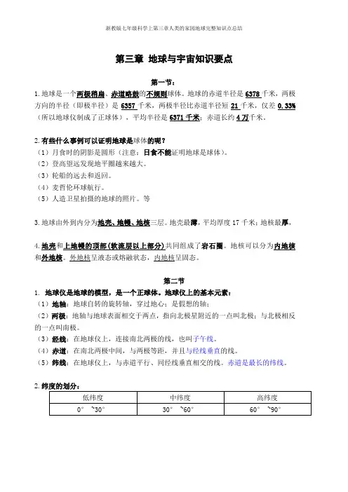浙教版七年级科学上第三章人类的家园地球完整知识点总结