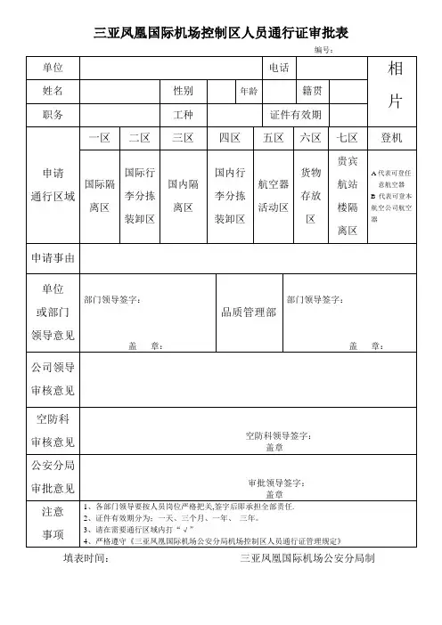 三亚凤凰国际机场控制区通行证审批表