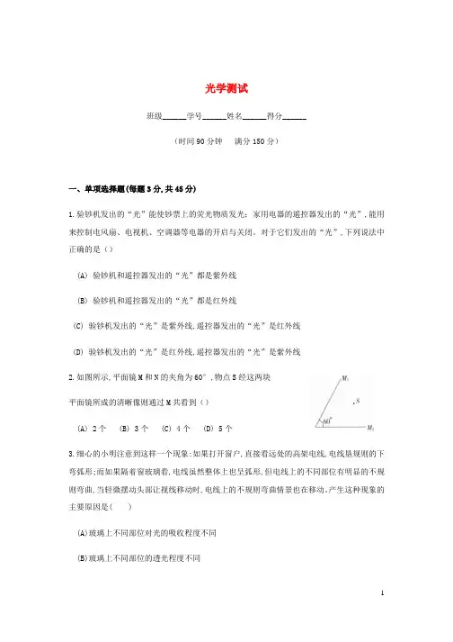 上海市华育中学2021届初中物理自主招生专题光学测试