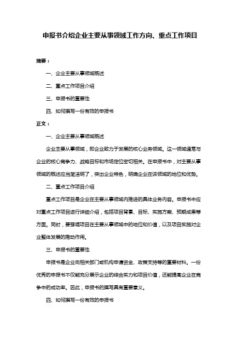 申报书介绍企业主要从事领域工作方向、重点工作项目