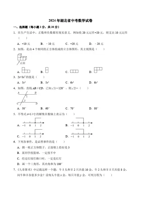 2024年湖北省中考数学真题(含答案)