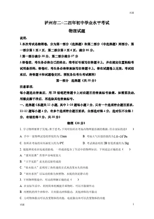 2024年四川省泸州市中考物理真题卷及答案