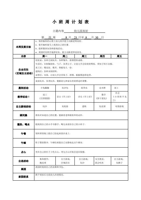 小班第四周周计划表