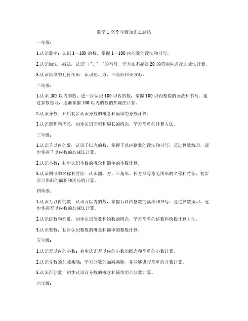 数学1至9年级知识点总结