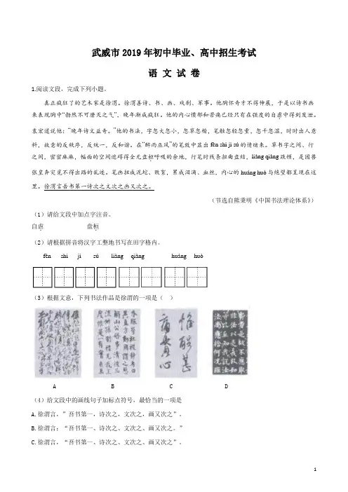 2019年甘肃省武威市、白银市、定西市、平凉市、酒泉市、临夏州、张掖市、陇南市、庆阳市中考语文试卷(解析
