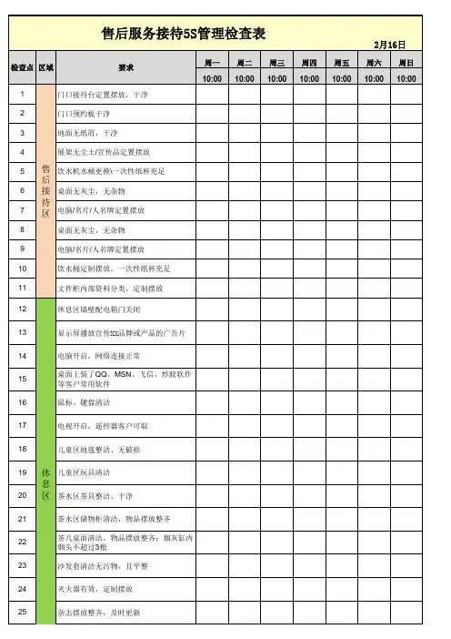 汽车4S店售后服务接待5S管理检查表(模版)