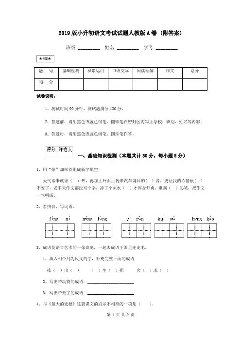 2019版小升初语文考试试题人教版A卷 (附答案)