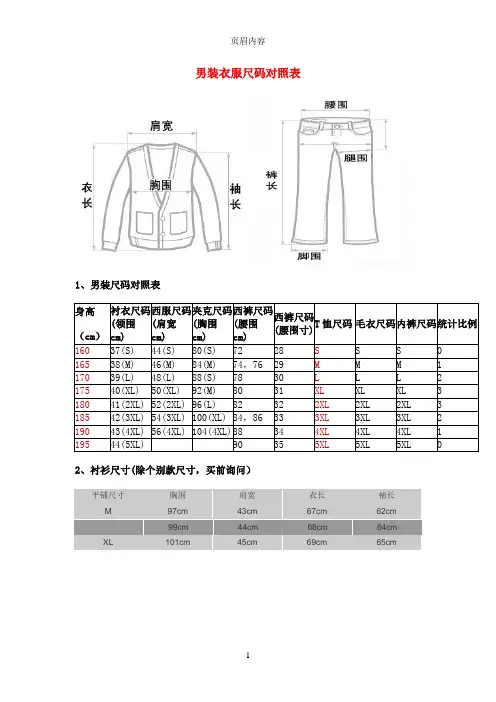 男装尺码专用对照表