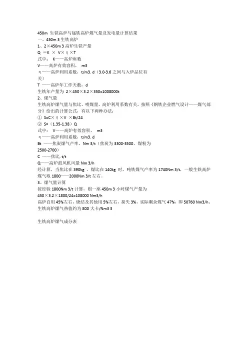 450m 生铁高炉与锰铁高炉煤气量及发电量计算结果