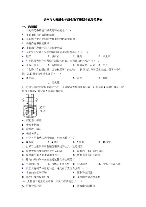 徐州市人教版七年级生物下册期中试卷及答案