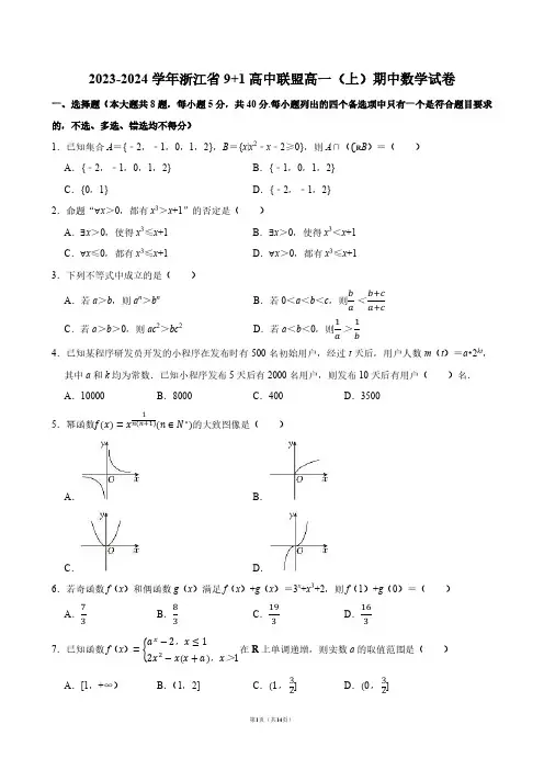 2023-2024学年浙江省9+1高中联盟高一(上)期中数学试卷【答案版】