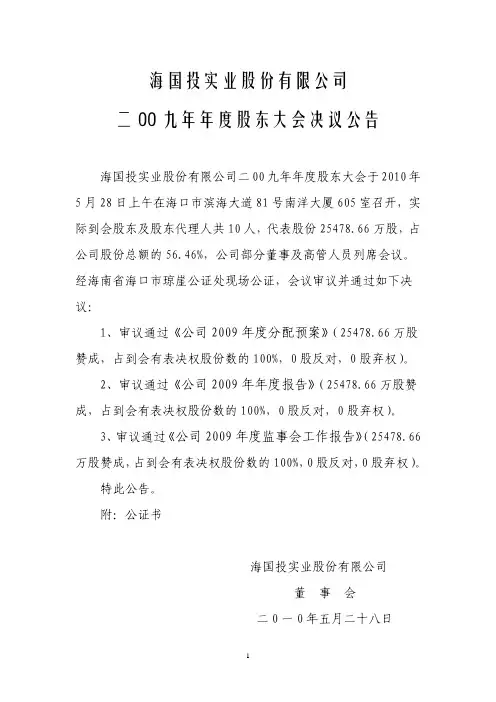 海国投实业股份有限公司二00九年年度股东大会决议公告