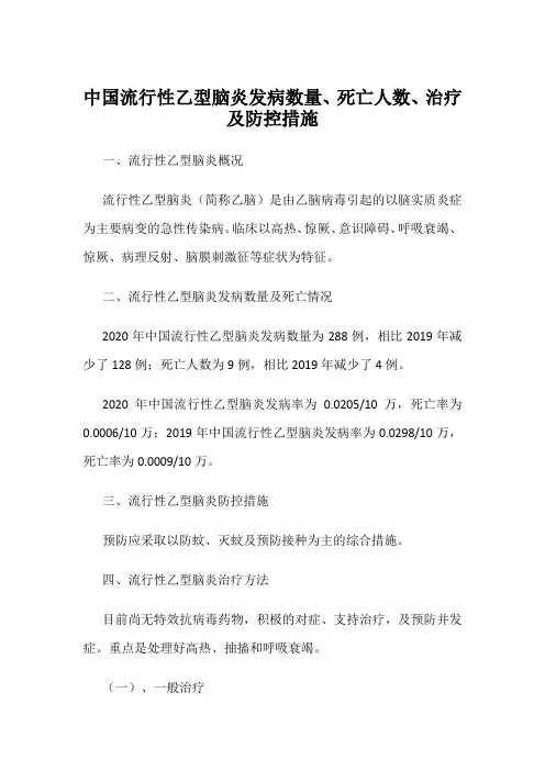 中国流行性乙型脑炎发病数量、死亡人数、治疗及防控措施