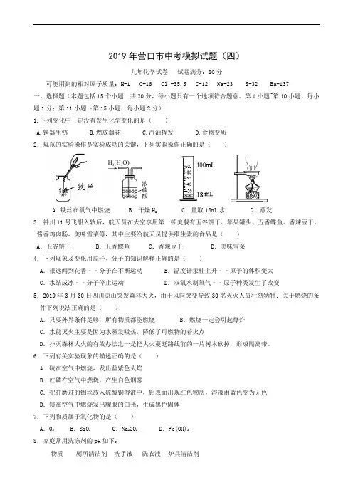 辽宁省营口市2019年中考模拟试题(四)化学试题
