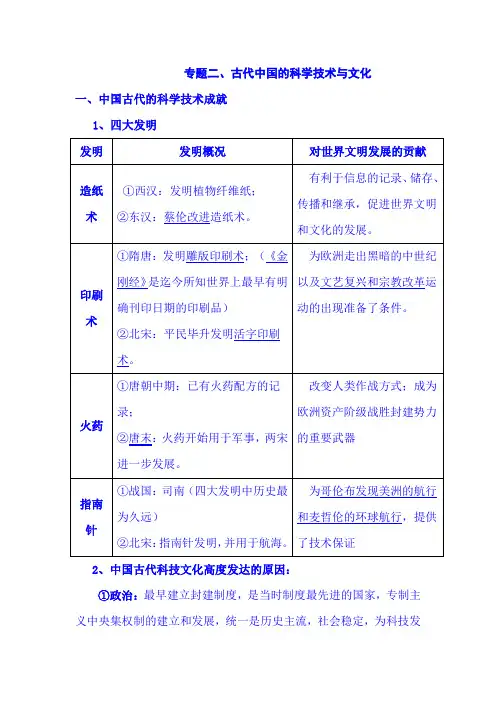 2021年高考历史总复习热点专题复习汇编：专题二、古代中国的科学技术与文化