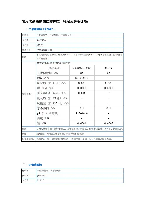 常用食品级磷酸盐的种类、用途及参考价格