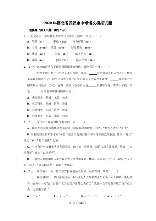 2020年湖北省武汉市中考语文模拟试题及答案解析