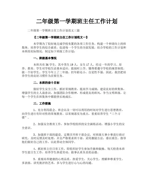 二年级第一学期班主任工作计划