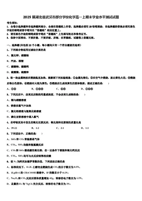 2025届湖北省武汉市部分学校化学高一上期末学业水平测试试题含解析