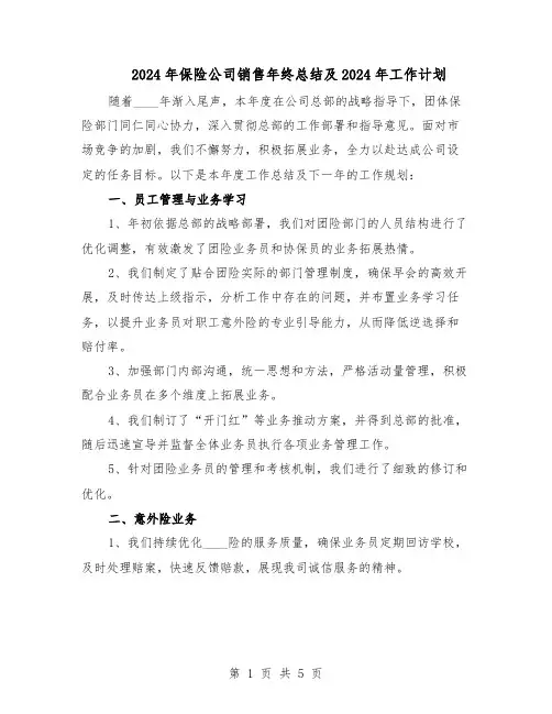2024年保险公司销售年终总结及2024年工作计划(二篇)