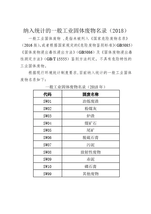 一般工业固体废物名录(2018)