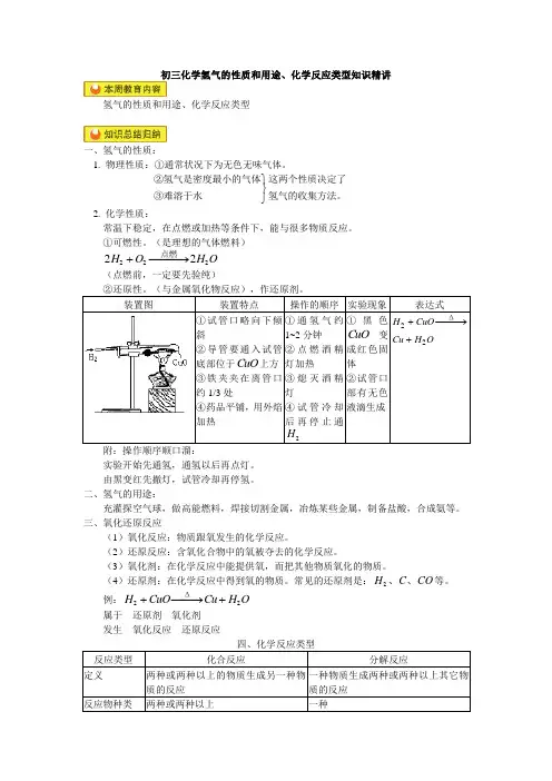 初三化学氢气的性质和用途、化学反应类型知识精讲