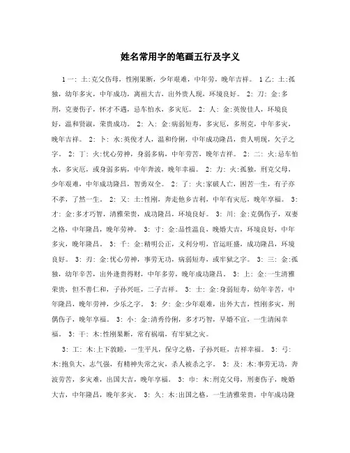 姓名常用字的笔画五行及字义