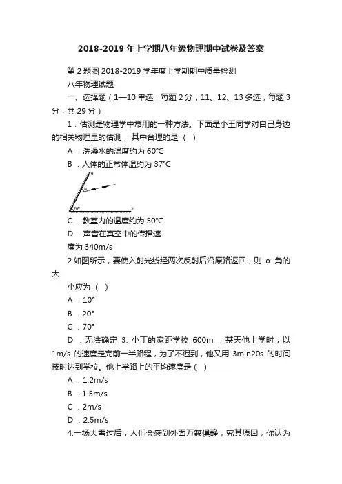 2018-2019年上学期八年级物理期中试卷及答案