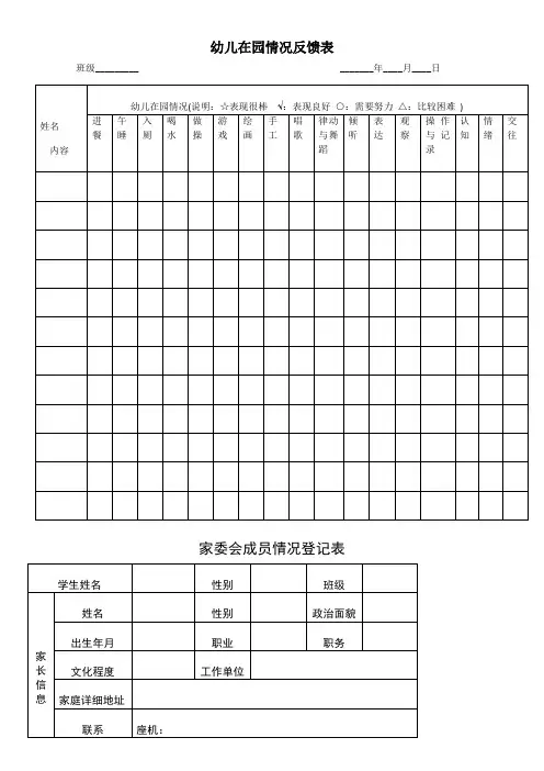 幼儿园家校联系表格：幼儿在园情况反馈表