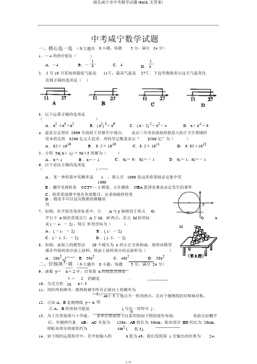湖北咸宁市中考数学试题(word,无答案)