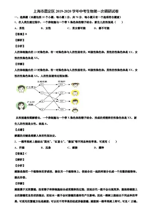 上海市嘉定区2019-2020学年中考生物第一次调研试卷含解析