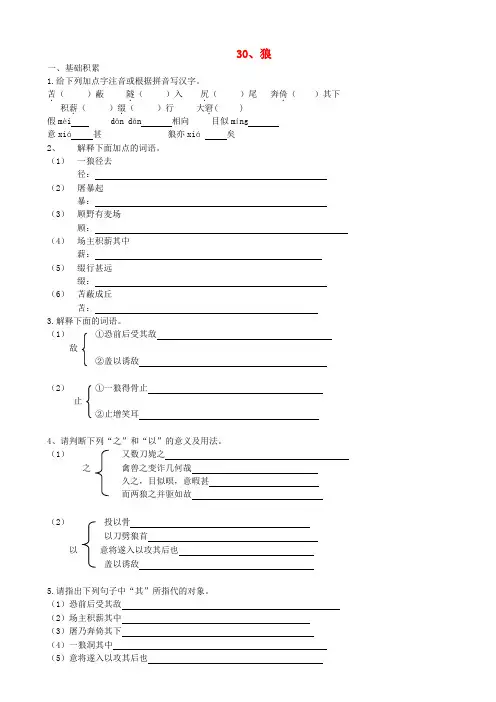 新疆石河子第八中学七年级语文下册 第三十课 狼同步练习 人教新课标版