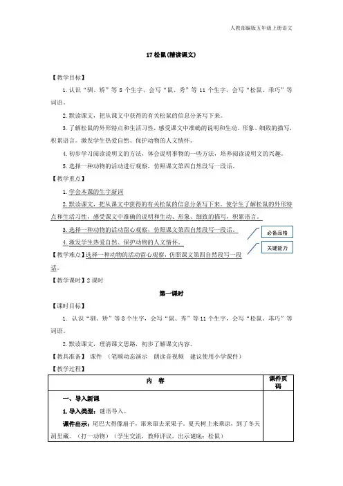 人教部编版五年级上册语文17.松鼠(教案)