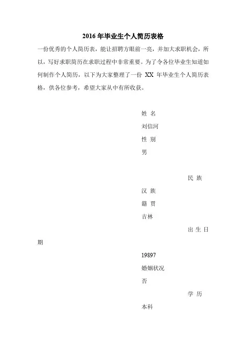 2016年毕业生个人简历表格