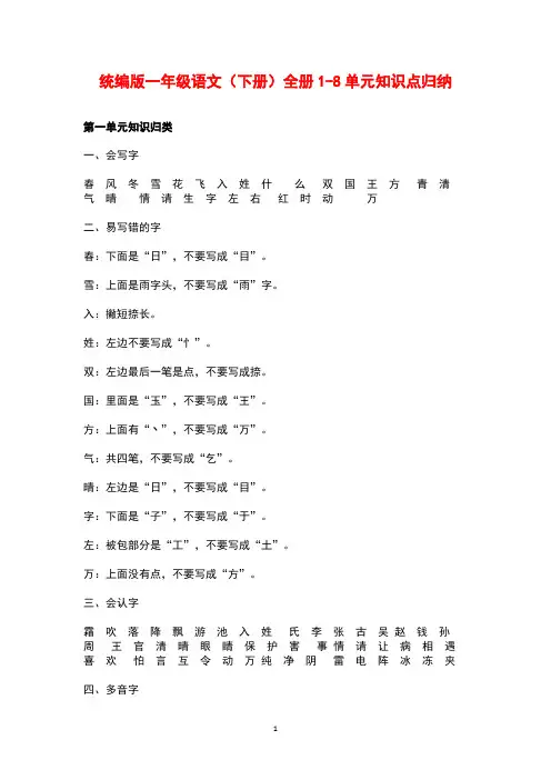 统编版一年级语文(下册)全册1-8单元知识点归纳