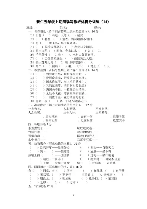2012秋新仁学校阅读写作培优提分训练(14)