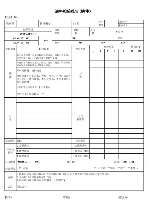 铁件进料检验记录表