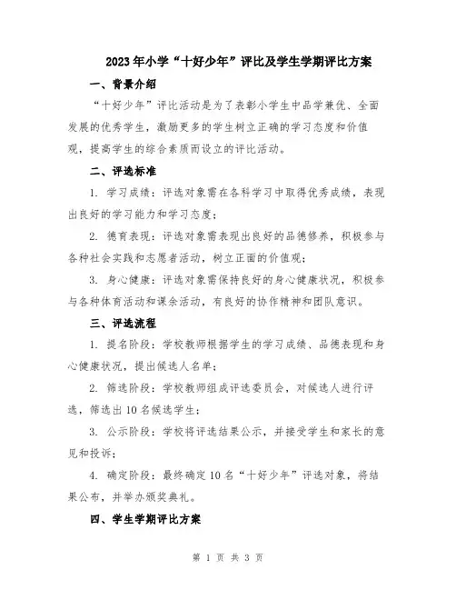 2023年小学“十好少年”评比及学生学期评比方案