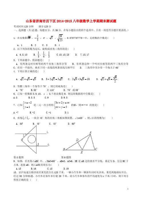 山东省济南市历下区八年级数学上学期期末测试题(无答