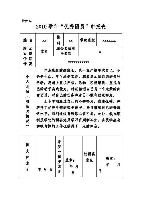 优秀团员申请表