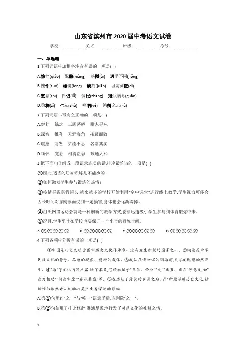 山东省滨州市2020年中考语文试卷和参考答案详细解析