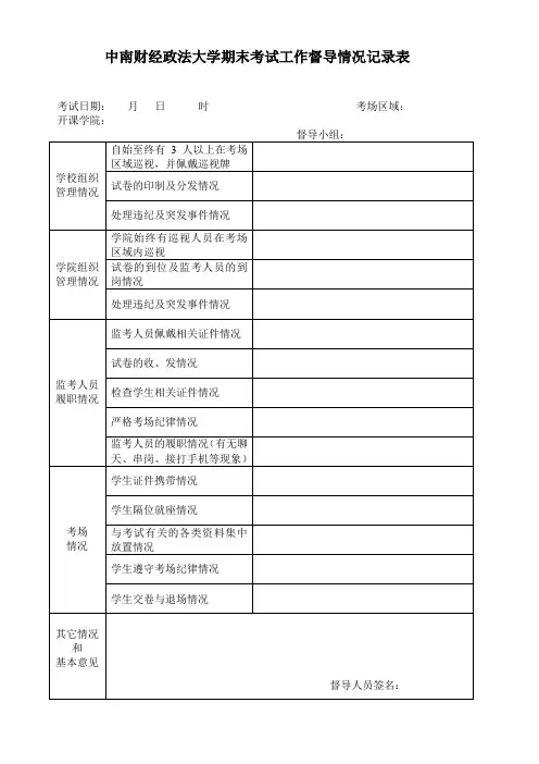 中南财经政法大学期末考试工作督导情况记录表