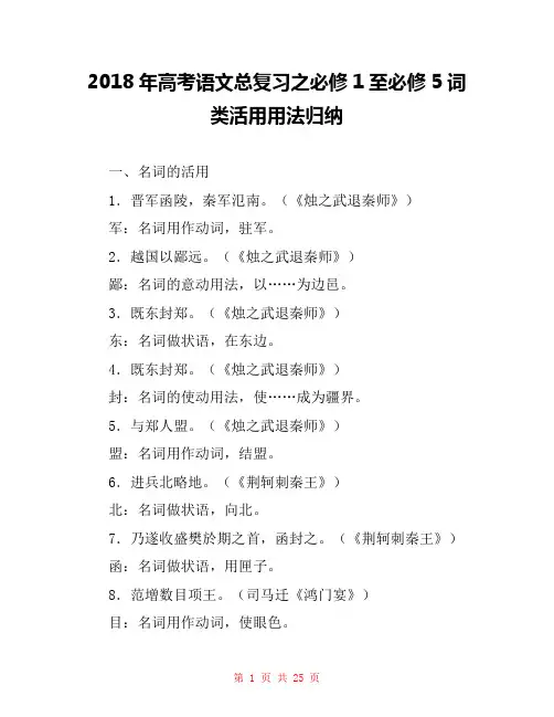 2018年高考语文总复习之必修1至必修5词类活用用法归纳 