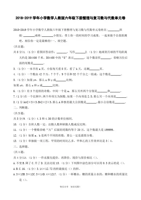 2018-2019学年小学数学人教版六年级下册整理与复习数与代数单元卷