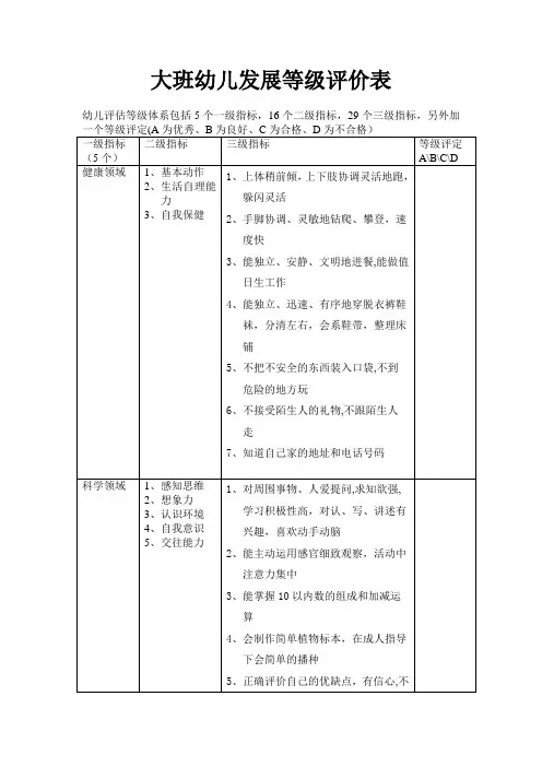 幼儿园大班幼儿发展等级评价表