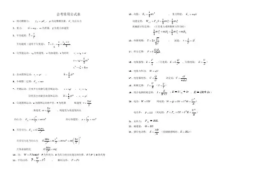 高中物理会考常用公式表