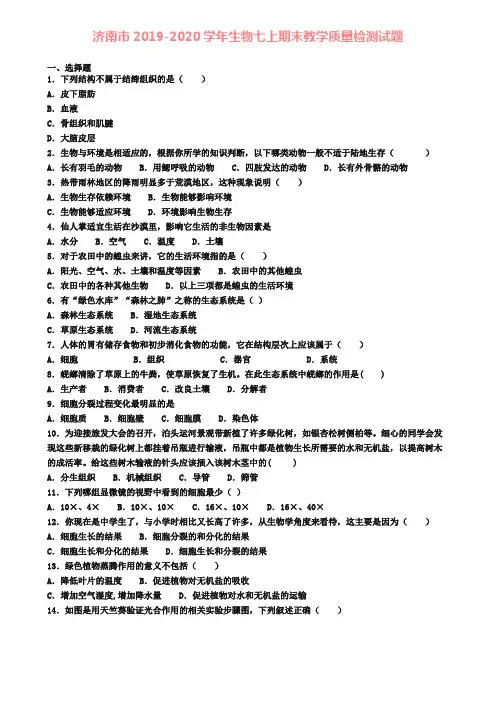 济南市2019-2020学年生物七上期末教学质量检测试题