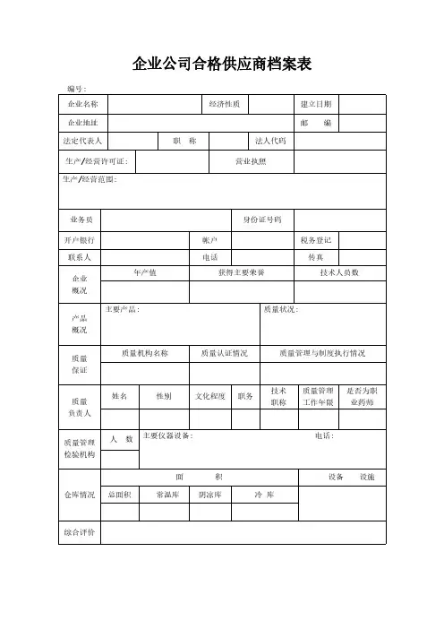 企业公司合格供应商档案表模板