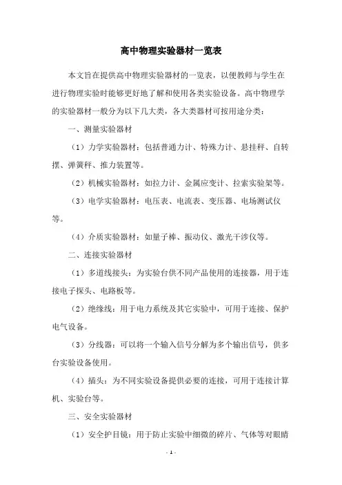 高中物理实验器材一览表