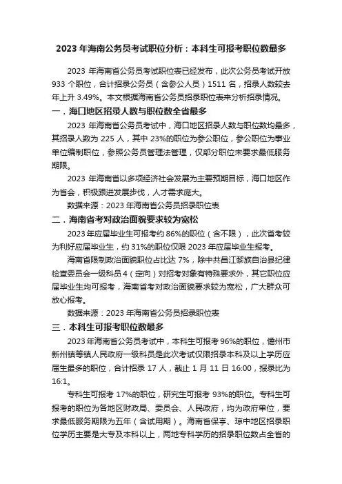 2023年海南公务员考试职位分析：本科生可报考职位数最多